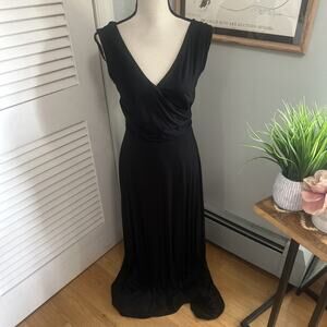 LONG TALL SALLY Dress Womens 6 Black Double Layer Faux Wrap Jersey Maxi Classic